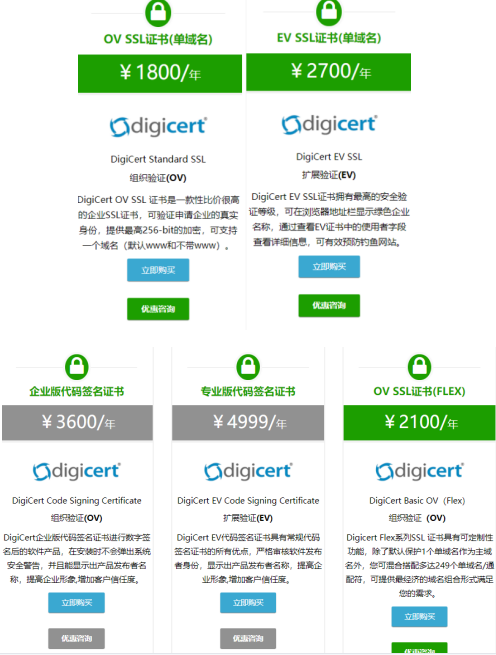 Digicert证书种类价格