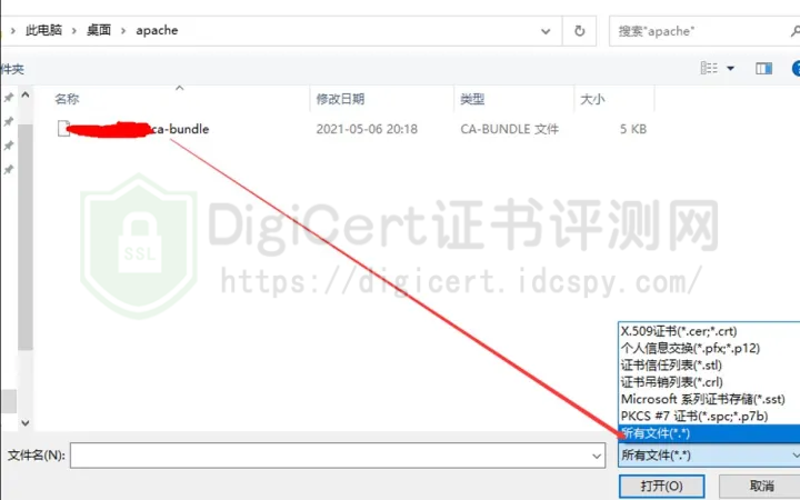 在导入证书界面先选择“所有文件”
